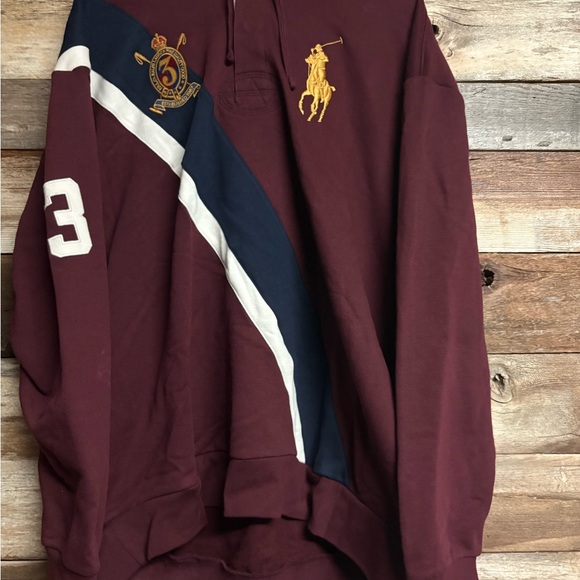 Polo Ralph Lauren Big & Tall Red Burgundy Big Pony Crest Fleece Rugby Hoodie 2XL